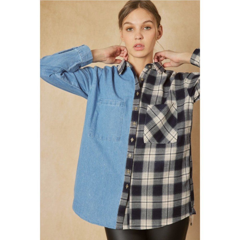 Entro Denim & Plaid Long Sleeve Top - Picture 1 of 9